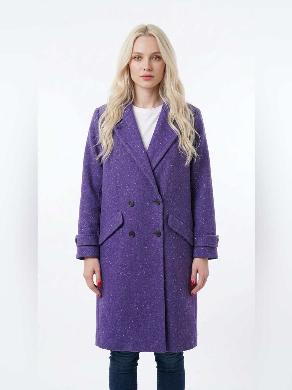PURPLE TWEED DOUBLE-BREASTED LONG COAT WOMEN'S